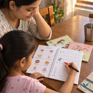 Parent and child using the TraceTara practice book at home (illustrative image)